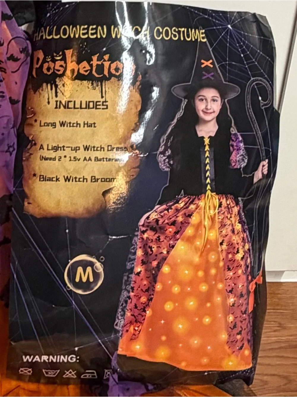 Girls Halloween Witch Costume Dress w/ hat & broom Orange  Purple Light Up NIP M